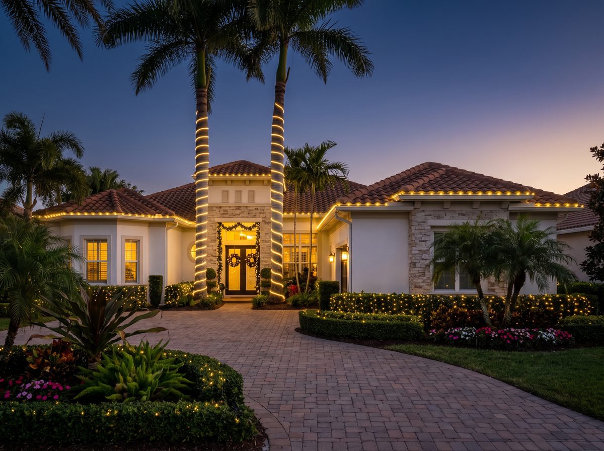 South Florida home with warm-white Christmas lights on the roofline and spiral-wrapped palm trees