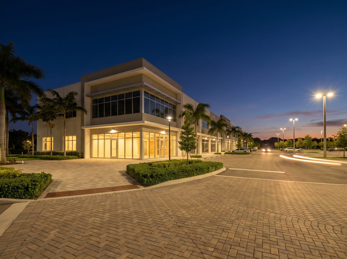 Commercial office building with storefront and parking lot lighting at dusk