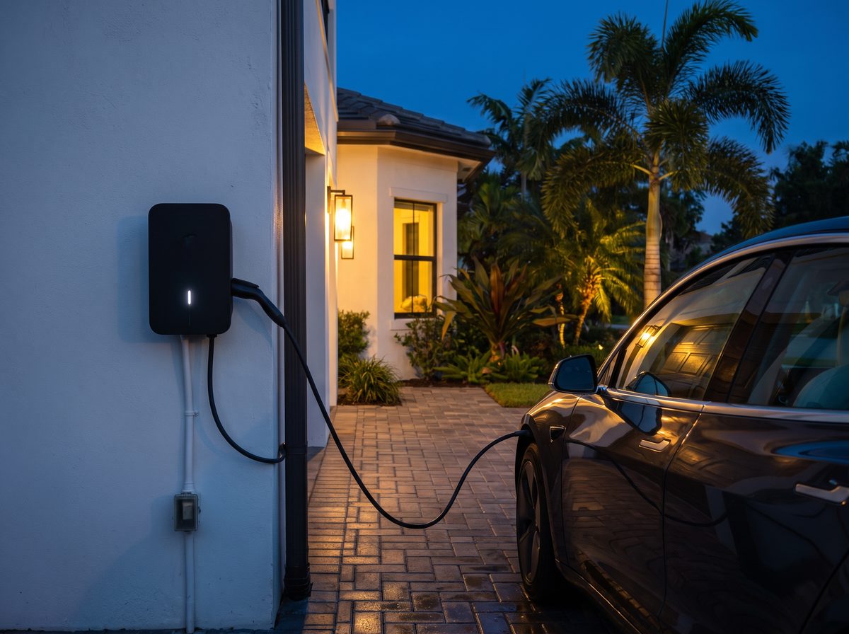 Wall-mounted home EV charger connected to an electric car in a South Florida driveway at dusk