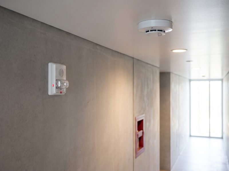 Smoke detector and fire alarm notification device in a commercial corridor