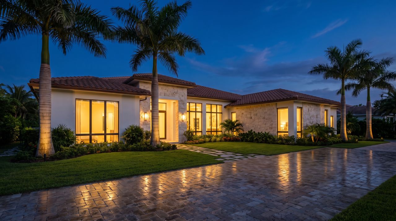 Modern South Florida home with exterior lighting at dusk