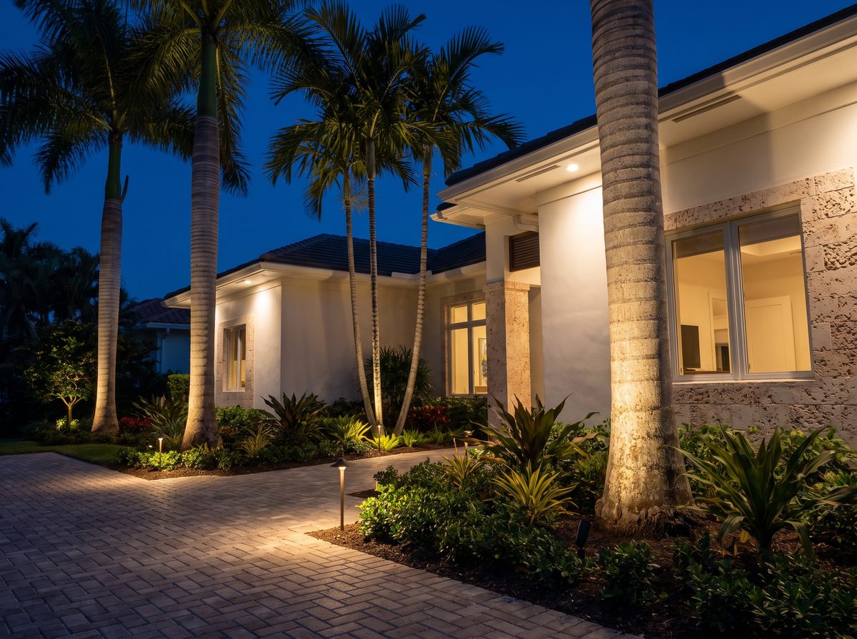 South Florida home with landscape lighting on palms and facade at dusk