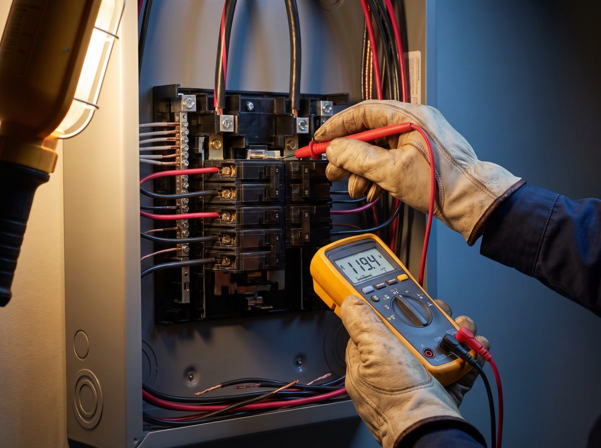 Electrician testing a residential breaker panel with a multimeter